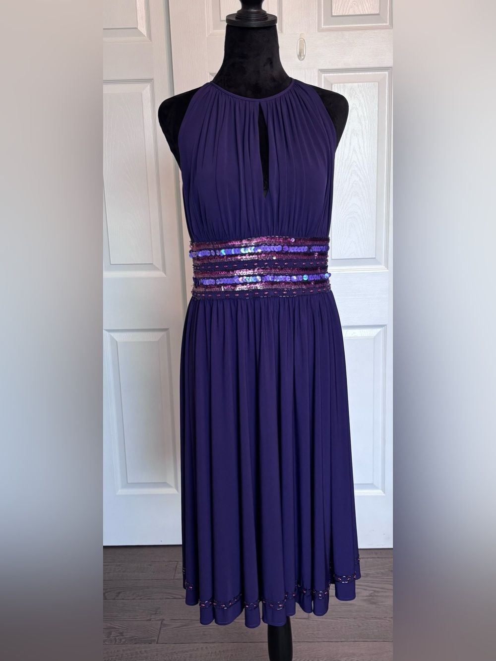 JS Boutique Deep Purple Halter Sleeveless Midi Dress Sequin Waist Women’s 10